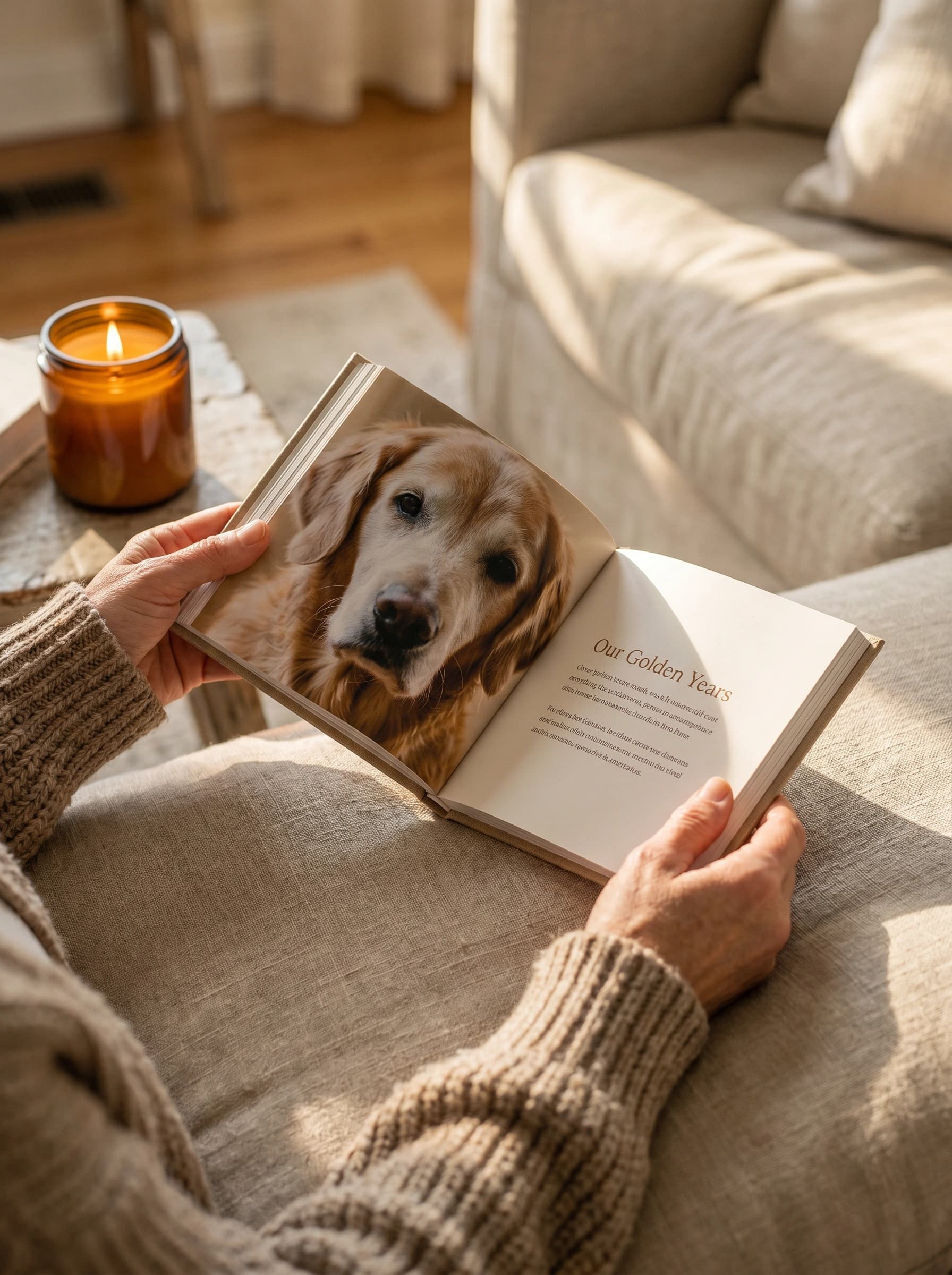 Reading the memory book on a couch at golden hour