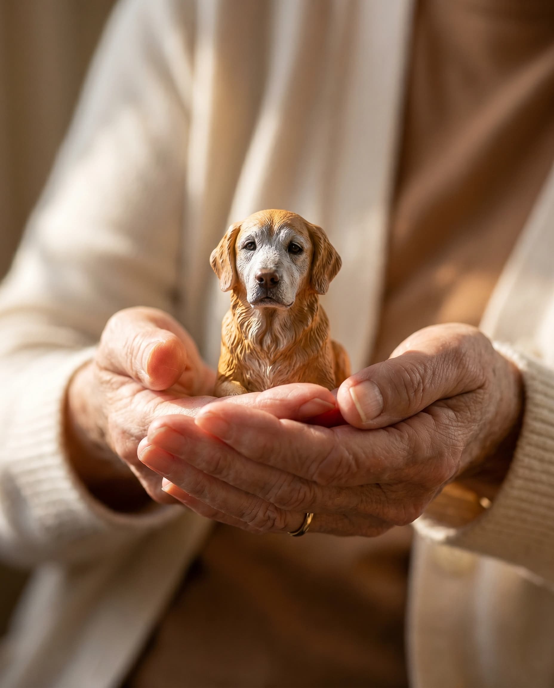 Cupped hands holding the figurine in morning light